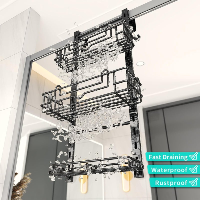HapiRm 3 Tier Over the Door Shower Caddy, Hanging Shower Caddy with 16 Hooks and 2 Soap Holders, No Drilling Adjustable Hanging Bathroom Organizer - Black - Image 4